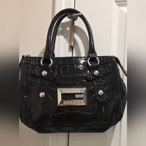 GUESS Black Croc Patent Satchel with Rhinestone Logo Plaque
